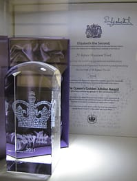 The crystal and certificate on display